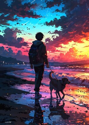 Anime Sunset Walk: A Serene Evening by the Sea - Premium Wooden Framed Poster. Ready to Hang.