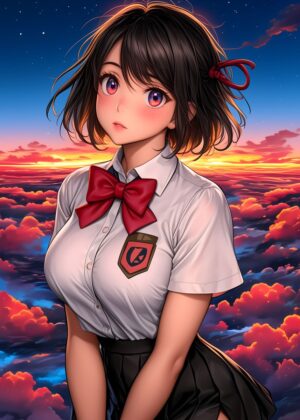 Anime Girl in Sunset Clouds: A Dreamy Digital Art Print - Premium Wooden Framed Poster. Ready to Hang.