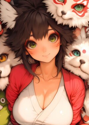 Anime Kitsune Girl: Mystical Charm - Premium Wooden Framed Poster. Ready to Hang.