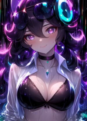 Anime Girl with Purple Hair: Mystical Rain - Premium Wooden Framed Poster. Ready to Hang.