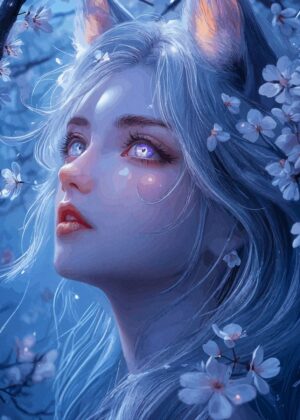 Mystical Anime Fox Girl in a Blossom Garden - Premium Wooden Framed Poster. Ready to Hang.