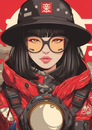 Cyberpunk Anime Girl: Red & Black Aesthetic Art Print - Premium Wooden Framed Poster. Ready to Hang.