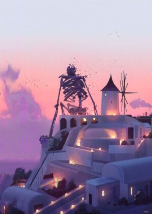 Sunset Skeleton: A Hilltop Silhouette - Premium Wooden Framed Poster. Ready to Hang.