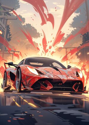 Speed and Style: A Red Hot Ride - Premium Wooden Framed Poster. Ready to Hang.