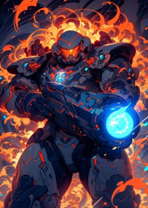 Mech Warrior Digital Art Print: Fiery Combat - Premium Wooden Framed Poster. Ready to Hang.
