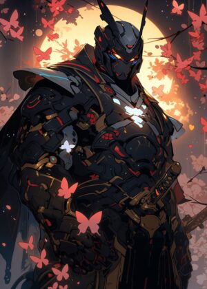 Cyberpunk Samurai: A Fusion of Tradition and Technology - Premium Wooden Framed Poster. Ready to Hang.