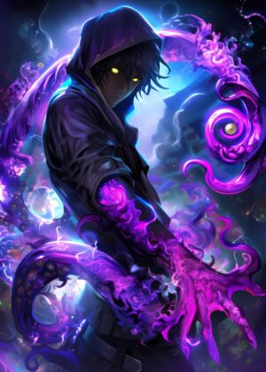 Anime Boy with Mystical Purple Power - Premium Wooden Framed Poster. Ready to Hang.