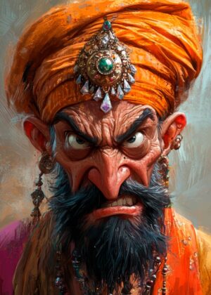 Angry Indian Man Portrait: A Fierce and Expressive Artwork - Premium Wooden Framed Poster. Ready to Hang.