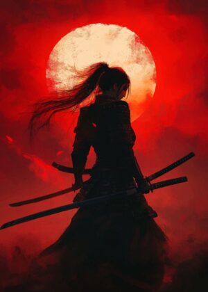 Crimson Moon Samurai Woman - Premium Wooden Framed Poster. Ready to Hang.