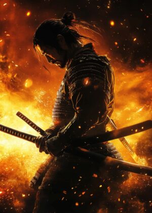 Samurai in Flames: A Fiery Masterpiece - Premium Wooden Framed Poster. Ready to Hang.