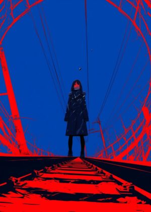 Anime Girl on Train Tracks: A Striking Digital Art Print - Premium Wooden Framed Poster. Ready to Hang.