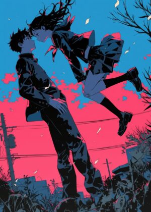 Anime Couple Silhouette: A Stunning Artwork of Young Love - Premium Wooden Framed Poster. Ready to Hang.