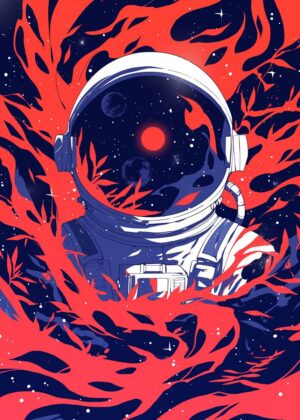 Cosmic Dreamscape: Astronaut Amidst Celestial Flames - Premium Wooden Framed Poster. Ready to Hang.