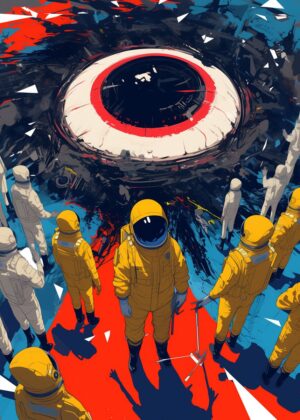 Astronauts Encountering a Giant Eye in Space - Premium Wooden Framed Poster. Ready to Hang.