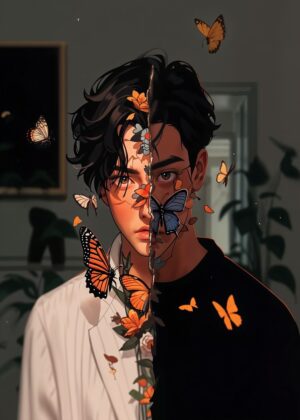Fragmented Butterflies: A Surreal Portrait - Premium Wooden Framed Poster. Ready to Hang.