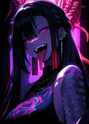 Anime Girl with Pink Eyes: Dark Academia Style - Premium Wooden Framed Poster. Ready to Hang.