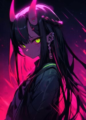 Cyberpunk Oni Girl Anime Art Print - Premium Wooden Framed Poster. Ready to Hang.