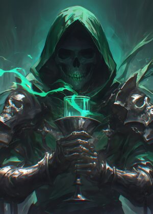 Green Hooded Skeleton: Dark Fantasy Art Print - Premium Wooden Framed Poster. Ready to Hang.