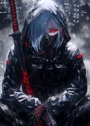 Cyberpunk Samurai: Digital Warrior Art Print - Premium Wooden Framed Poster. Ready to Hang.