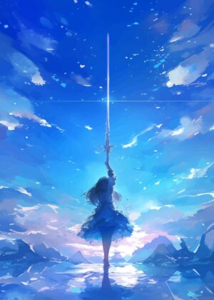 Anime Girl Silhouette with Sword - Celestial Dreamscape - Premium Wooden Framed Poster. Ready to Hang.