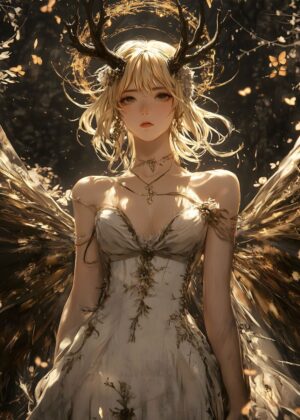 Golden Winged Fairy Anime Girl Art Print - Premium Wooden Framed Poster. Ready to Hang.