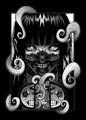 Cyberpunk Girl with Tentacles and Mask: SMILE - Premium Wooden Framed Poster. Ready to Hang.