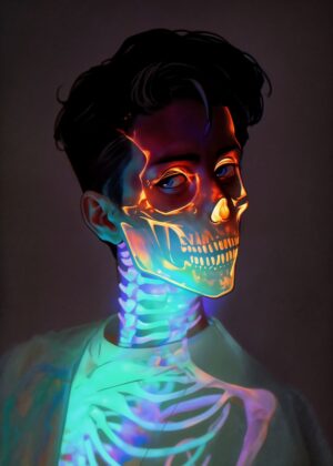 Ember of the Forgotten: Neon Skull Portrait - Premium Wooden Framed Poster. Ready to Hang.