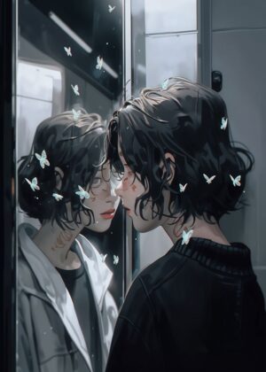 Butterflies Between Two Worlds: A Mesmerizing Anime Art Print - Premium Wooden Framed Poster. Ready to Hang.