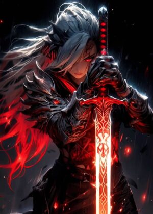 Fiery Anime Warrior Woman with Sword Artwork - Premium Wooden Framed Poster. Ready to Hang.