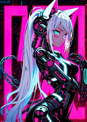 Cyberpunk Anime Girl: Neon Dreams - Premium Wooden Framed Poster. Ready to Hang.