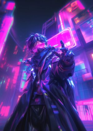 Neon Nights: Cyberpunk Cityscape Artwork - Premium Wooden Framed Poster. Ready to Hang.