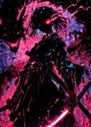 Crimson Samurai: Anime Girl Art Print - Premium Wooden Framed Poster. Ready to Hang.