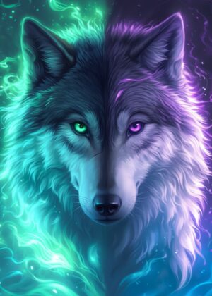 Mystical Anime Wolf: Dual-Colored Spirit Animal Art Print - Premium Wooden Framed Poster. Ready to Hang.
