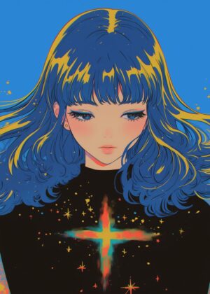 Who is She? Part 2: Blue-Haired Girl with Celestial Cross - Premium Wooden Framed Poster. Ready to Hang.