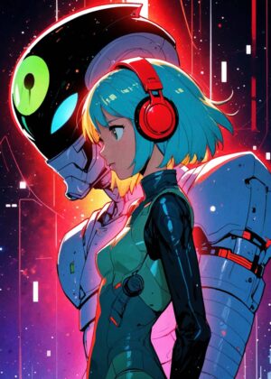 Cyberpunk Anime Girl: Futuristic Sci-Fi Art Print - Premium Wooden Framed Poster. Ready to Hang.