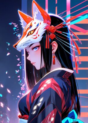 Kitsune Spirit: Anime Girl Artwork - Premium Wooden Framed Poster. Ready to Hang.