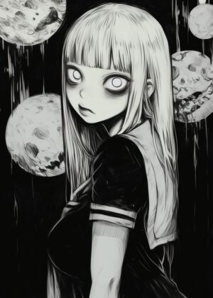Anime Girl and Celestial Moons: Dark Fantasy Art Print - Premium Wooden Framed Poster. Ready to Hang.