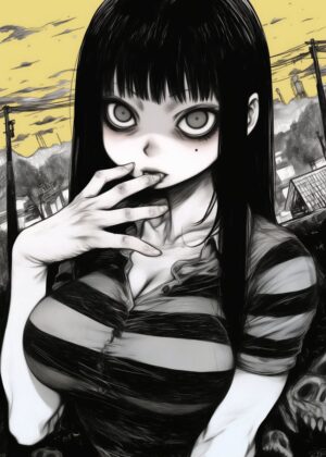 Dark Anime Girl Illustration: Mysterious Gaze - Premium Wooden Framed Poster. Ready to Hang.