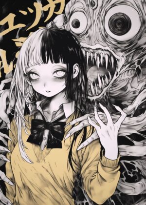 Horror Anime Girl and Monster Artwork - Premium Wooden Framed Poster. Ready to Hang.