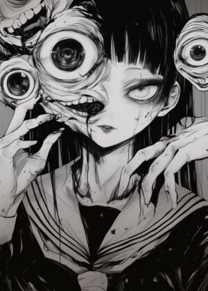 Horror Anime Girl Art Print - Premium Wooden Framed Poster. Ready to Hang.
