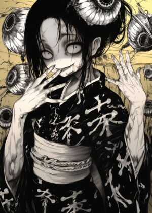 Creepy Anime Girl with Eyes Art Print - Premium Wooden Framed Poster. Ready to Hang.