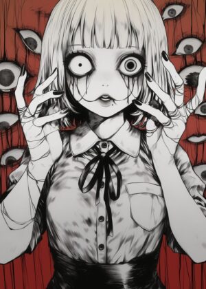 Anime Girl Surrounded by Eyes - Premium Wooden Framed Poster. Ready to Hang.