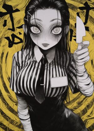 Creepy Anime Girl with Knife: Dark Fantasy Art Print - Premium Wooden Framed Poster. Ready to Hang.