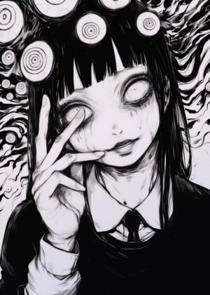 Creepy Anime Girl: Dark Fantasy Art Print - Premium Wooden Framed Poster. Ready to Hang.