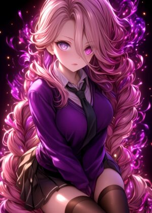 Anime Girl with Purple Hair and Magical Aura - Premium Wooden Framed Poster. Ready to Hang.