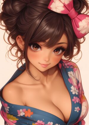 Anime Girl in a Kimono: Beautiful Digital Art Print - Premium Wooden Framed Poster. Ready to Hang.