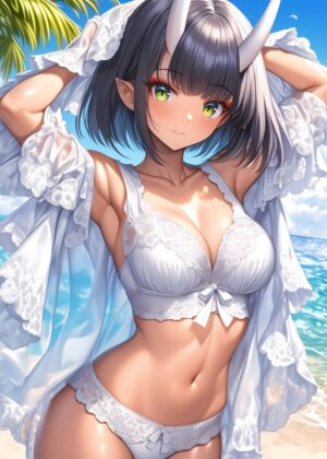 Anime Oni Girl Beach Art Print - Premium Wooden Framed Poster. Ready to Hang.