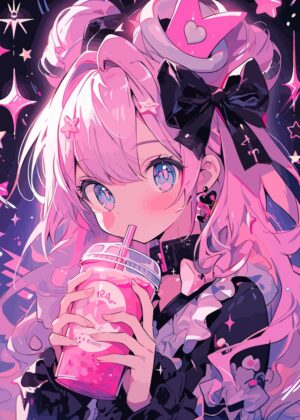 Adorable Anime Girl with Pink Hair and Sparkling Eyes - Premium Wooden Framed Poster. Ready to Hang.