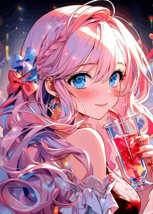 Anime Girl with Pink Hair and Blue Eyes - Premium Wooden Framed Poster. Ready to Hang.