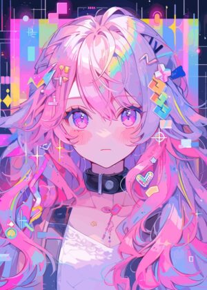 Vibrant Anime Girl with Pastel Pink Hair - Premium Wooden Framed Poster. Ready to Hang.